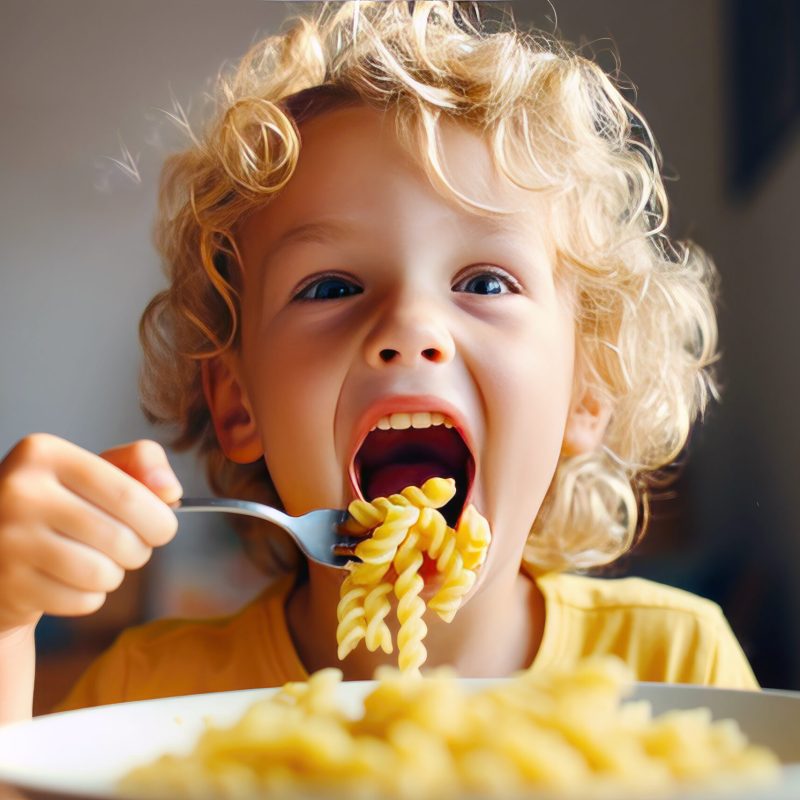 Macaroni munch: hungry child savoring pasta delight.